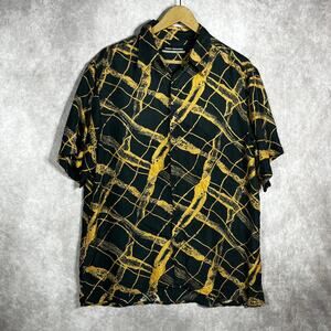 Perry Richards Silk Shirt Mens Medium Black Yellow Abstract Print Button Up Club